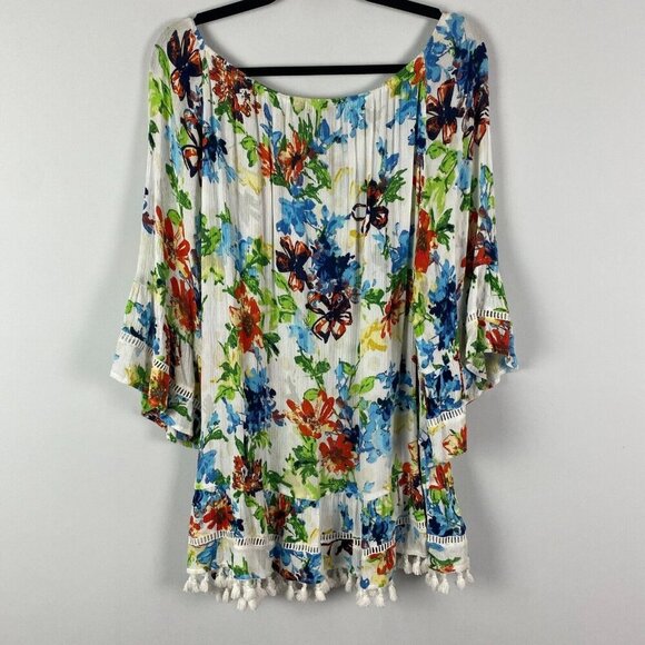 Ali Miles Peasant Top Womens Large Floral Tasseled Hem Boho Bell Sleeve - Picture 6 of 11